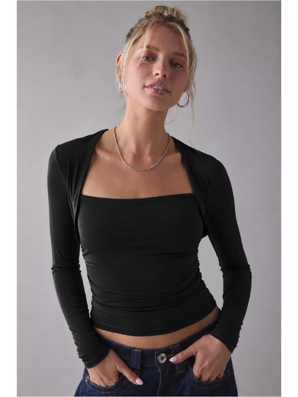 Urban Outfitters UO Claire Cropped Long Sleeve Shrug Bolero Top